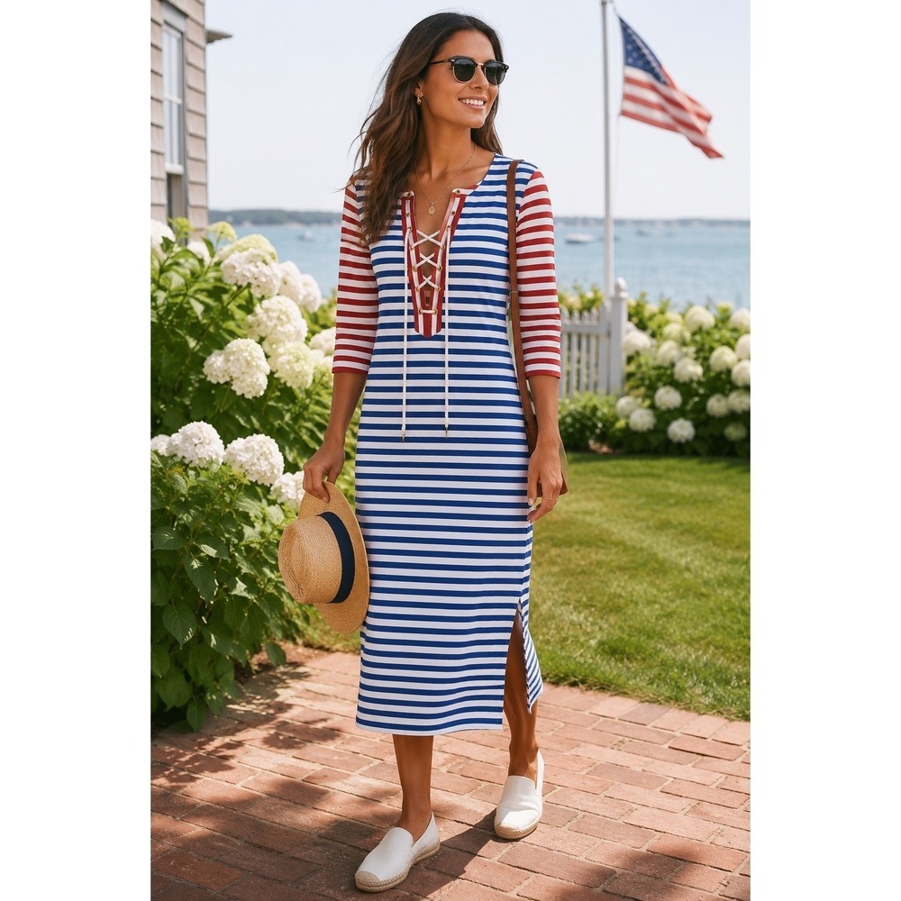 J.Crew Dress Womens XXS Lace Up Sammie Stripe Nautical LS Preppy‎ G3607 Blue Red